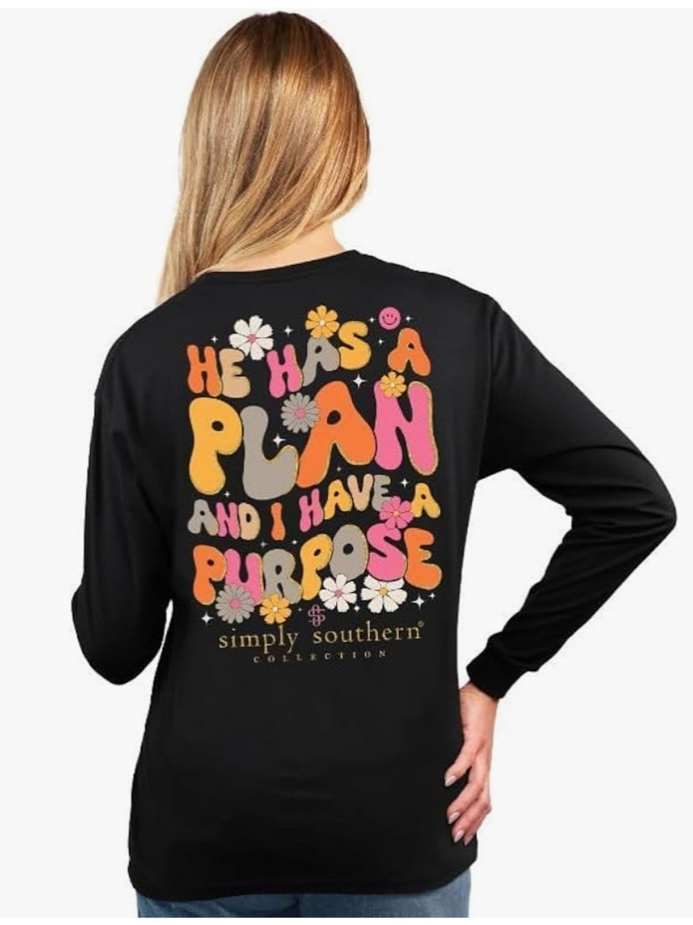 Simply Southern Black Long Sleeve Tee With Floral Logo NWOT